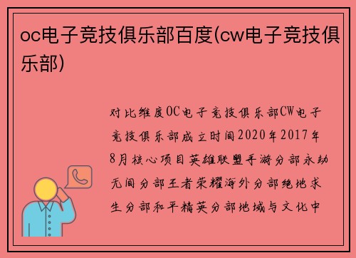 oc电子竞技俱乐部百度(cw电子竞技俱乐部)